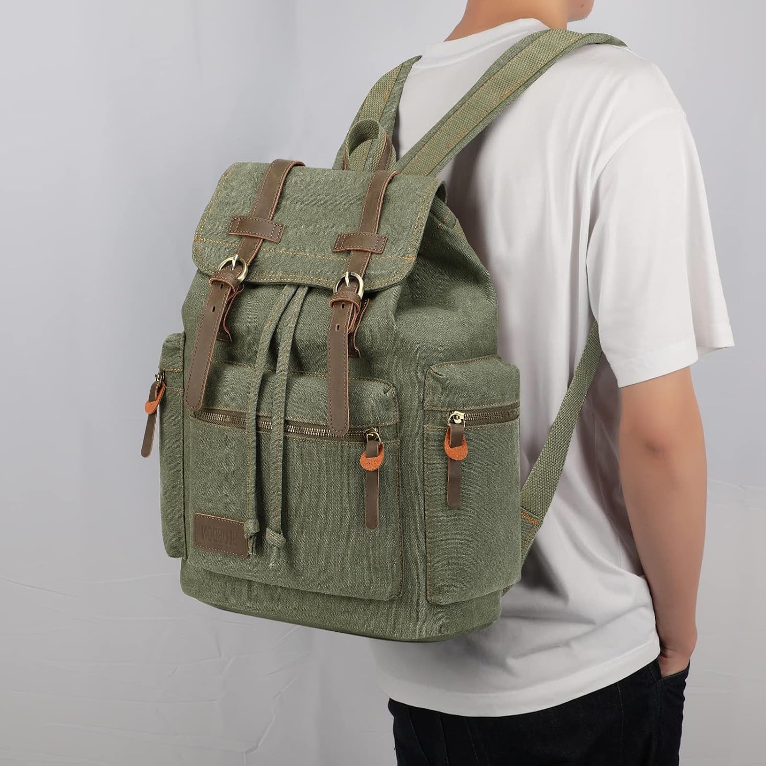 Vintage Leather-Trimmed Backpack for Men and Women - Casual Rucksack for Laptops and Travel